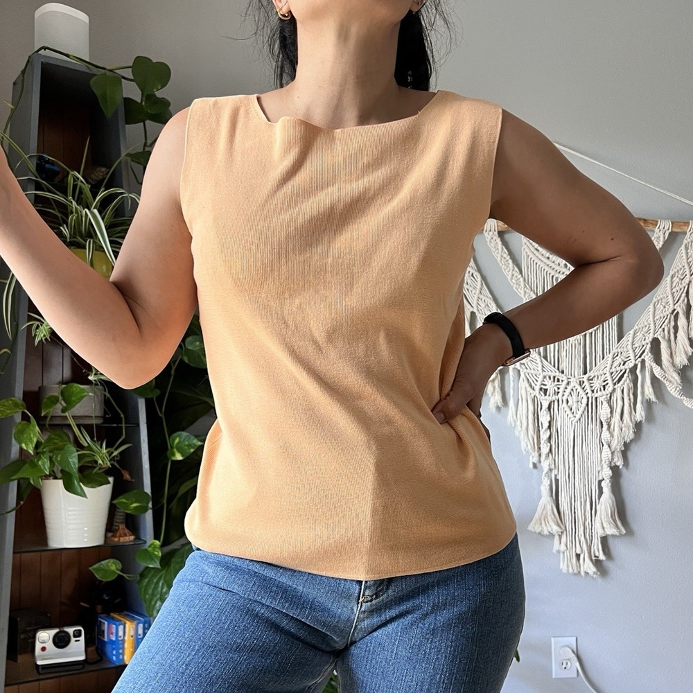 y2k Coldwater Creek Tank Top Medium sherbet orange Silk Ribbed Knit Boat Neck